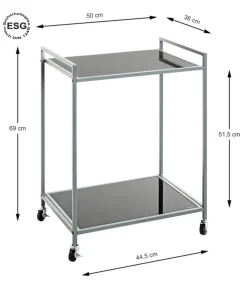 Beistelltisch auf Rollen 50 x 36 cm Glas schwarz lackiert/grau