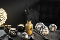 casaNOVA Windlicht BLACK FORREST Glas Metall Echtleder 8 x 8 x 7 cm Goldfarbig/Schwarz