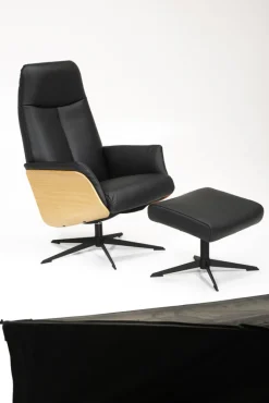 CASAVANTI Ledersessel mit Hocker SOLEDA 2-teilig schwarz /Eiche