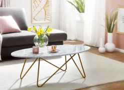 Couchtisch 120 x 60 cm Goldfarbig/ Marmor Optik Weiß