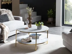 Couchtisch 80 x 80 cm rund gold/weiß mit Ablage