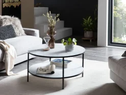 Couchtisch 80 x 80 cm rund schwarz/weiß mit Ablage