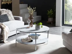 Couchtisch 80 x 80 cm rund weiß/chrom mit Ablage