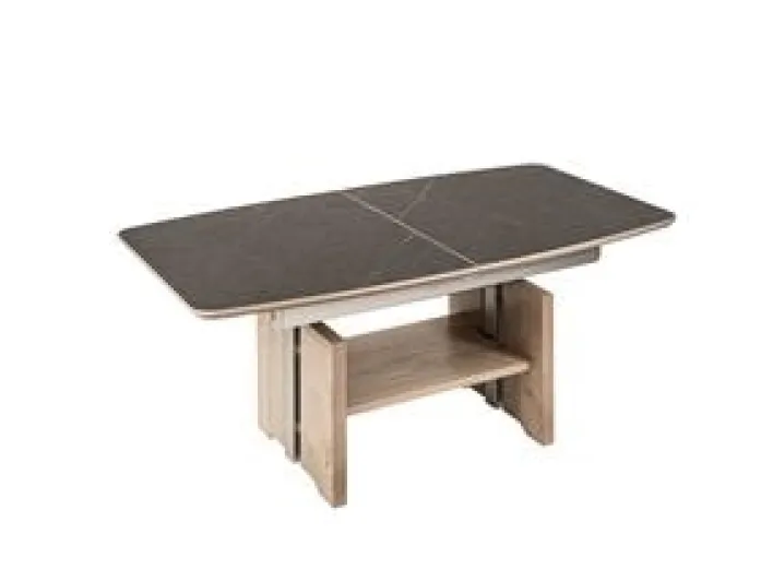 Couchtisch 120 x 70 x 54–73 cm Kunststoff / Eiche furniert Bianco lackiert braun/Marmara Nero Grau