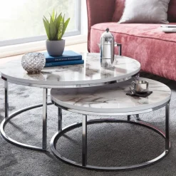 Couchtisch 2er Set Silberfarbig/ Marmor Optik Weiß