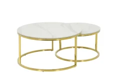Couchtisch JOEL rund 2er Set 80x41/60x37 cm Mamor-Optik weiß/ Gestell goldfarbig