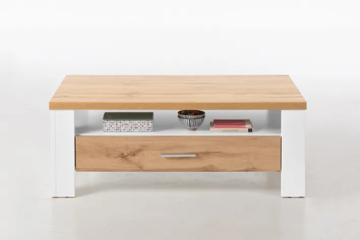 Couchtisch RAMIRA 110x65 cm Weiß supermatt / Eiche Nachbildung