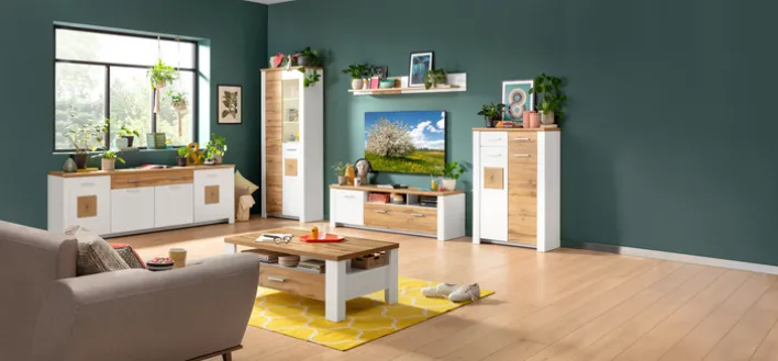 Couchtisch RAMIRA 110x65 cm Weiß supermatt / Eiche Nachbildung