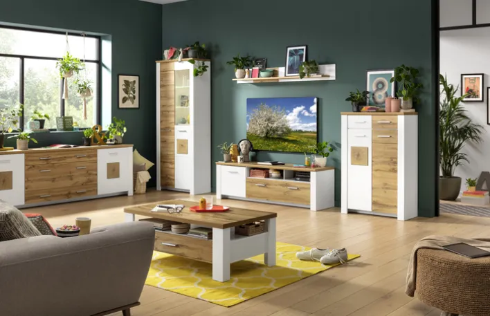 Couchtisch RAMIRA 110x65 cm Weiß supermatt / Eiche Nachbildung