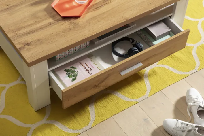 Couchtisch RAMIRA 110x65 cm Weiß supermatt / Eiche Nachbildung