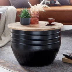 Couchtisch rund Ø 60 cm Metall Schwarz/ Mango massiv