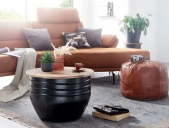 Couchtisch rund Ø 60 cm Metall Schwarz/ Mango massiv