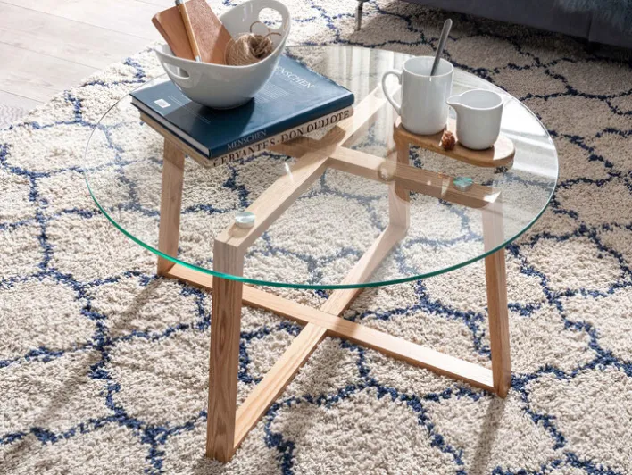 Couchtisch rund 78 cm Eiche/ Klarglas