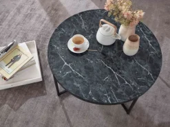 Couchtisch rund 80 cm Schwarz/ Marmor Optik Schwarz