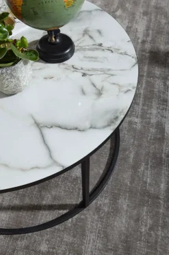 Couchtisch rund 80 cm Schwarz/ Marmor Optik Weiß