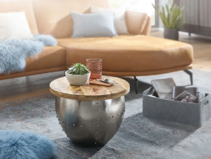 Couchtisch rund 60 cm Silberfarbig/ Mango massiv
