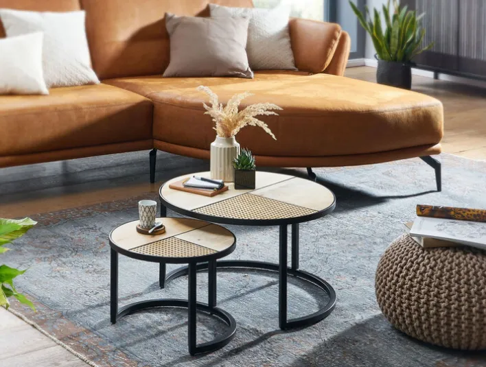 Couchtisch rund 2er Set Schwarz/ Mango massiv