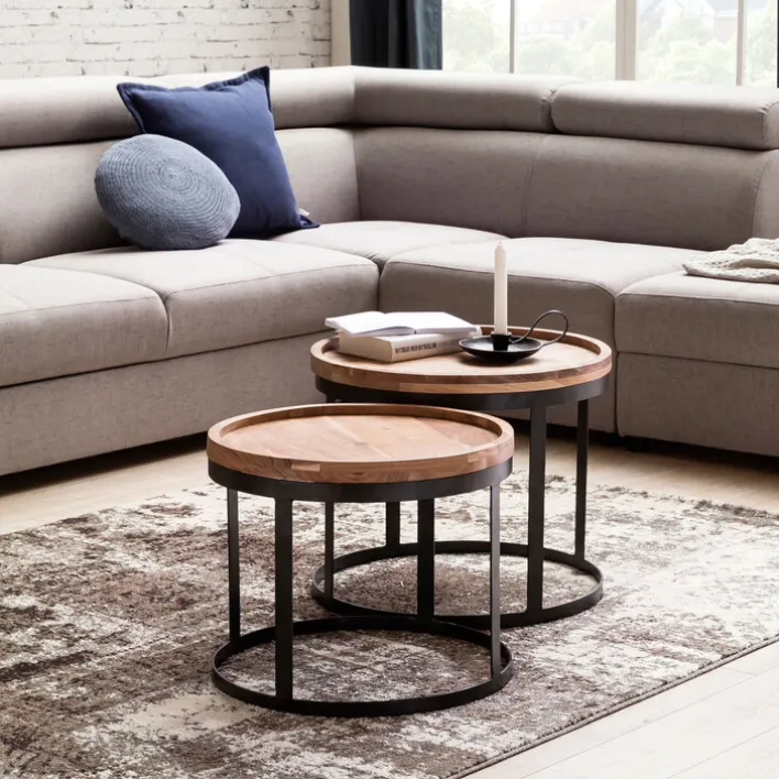 Couchtisch rund 2er Set Schwarz/ Akazie massiv