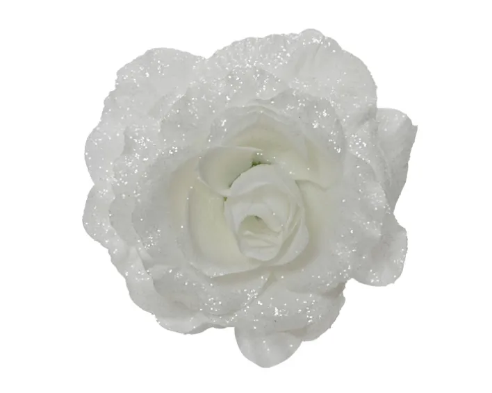 Dekoration Rose auf Clip Höhe 7cm Weiß Glitzer