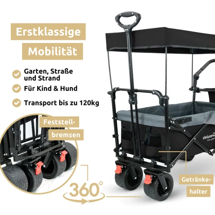 deluxe4home Bollerwagen mit Dach BEN 66 x 126 cm schwarz /grau
