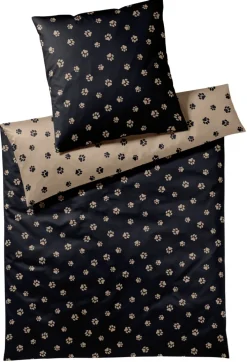 elegante Makosatin-Bettwäsche PFÖTCHEN 135 x 200 cm schwarz/beige