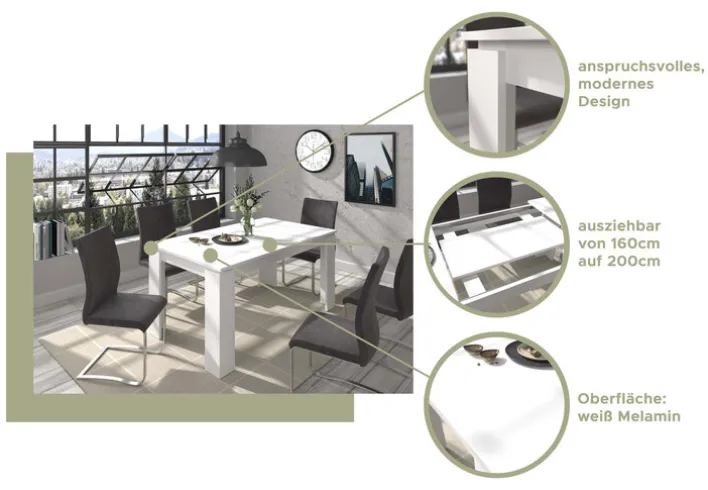 Esstisch TITAN 160 - 200 x 90 cm weiß