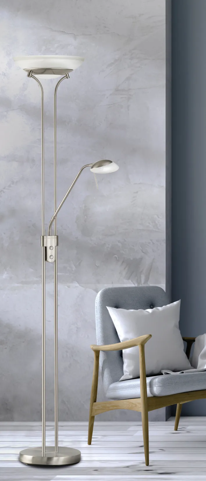 FISCHER & HONSEL Deckenfluter POOL, mit Leselampe, Metall/Glas, Höhe 182 cm Durchmesser 32 cm, matt Nickelfarbig/Alabasterfarbig