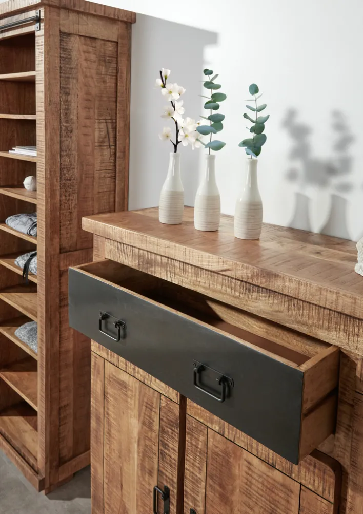 Garderobenschrank BARNEY 110 x 186 cm Mango massiv sägerau, gebeizt, lackiert/schwarz