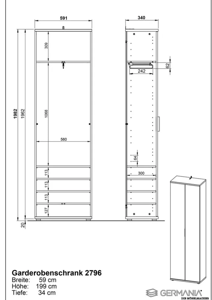 Garderobenschrank FIRE 59 x 199 cm Navarra Eiche