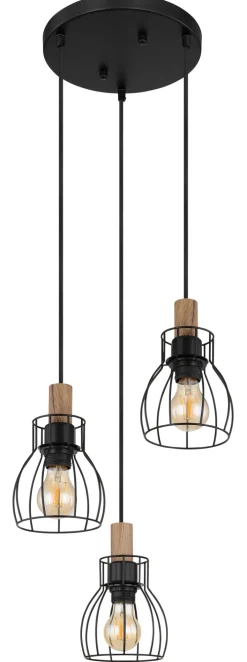 GLOBO Retrofit Pendelleuchte MINA II 3-flg schwarz /Holz naturfarbig