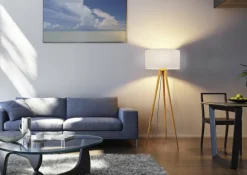 Globo Retrofit Tripod Stehlampe STABILO, Holznachbildung/Textil, Höhe 150 cm Braun/Weiß