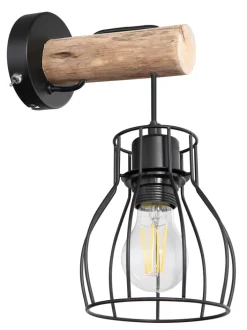 GLOBO Retrofit Wandleuchte MINA II schwarz /Holz naturfarbig