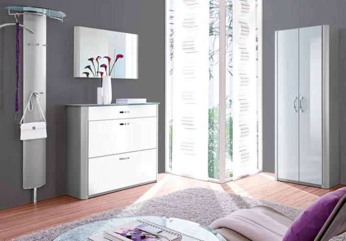 HAUKE HENDRIKS Schuhschrank MELODIE Glas weiß/alufarbig 117 x 97 x 34 cm