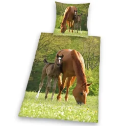 HERDING Kinder-Renforcé-Bettwäsche PFERDE 135 x 200 cm grün/braun