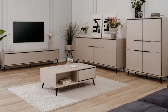 Highboard ARONA 90 x 140 cm sandfarben/schwarz