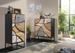 Highboard DAKOTA 100 x 110 cm Mango Massivholz natur, weiß, weiß-schwarz, Wiener Geflecht