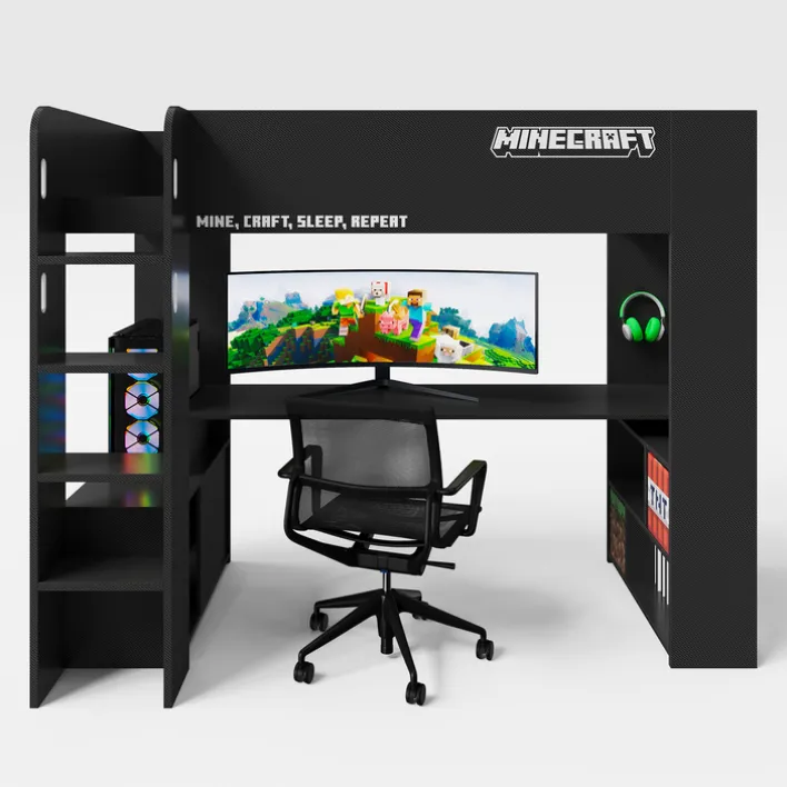 Hochbett MINECRAFT 90 x 200 cm schwarz/ grau