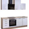 Küchenblock VALERO Hochglanz weiß / Sonoma Eiche mit E-Geräten schwarz