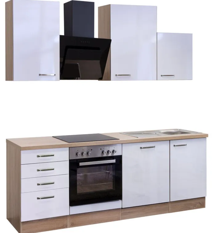 Küchenblock VALERO Hochglanz weiß / Sonoma Eiche mit E-Geräten schwarz