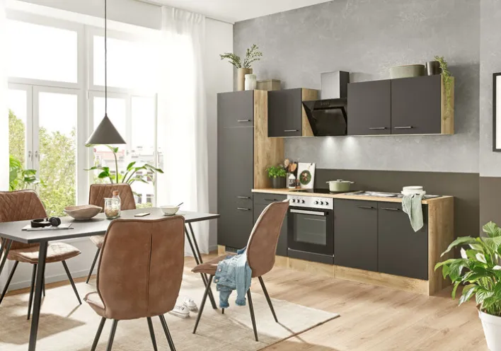 Küchenzeile MARY Touch Schwarz/ Endgrain Oek 270 cm