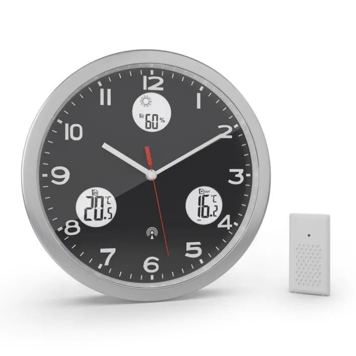 Mebus Digitalwanduhr Metall/Kunststoff Durchmesser 30 cm Schwarz/Alu-/Nickelfarbig/Weiß