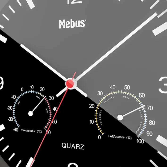 Mebus Quarz-Wanduhr mit Thermo- und Hygrometer 25 cm schwarz