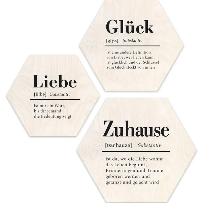 PRO ART Cut-Out Hexagone Bilder Set ZUHAUSE GLÜCK LIEBE II 3-teilig