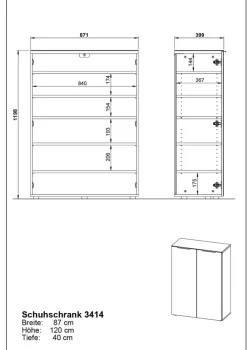 Schuhschrank LEVIN 87 x 120 cm Glasfront Silbergrau/Graphit