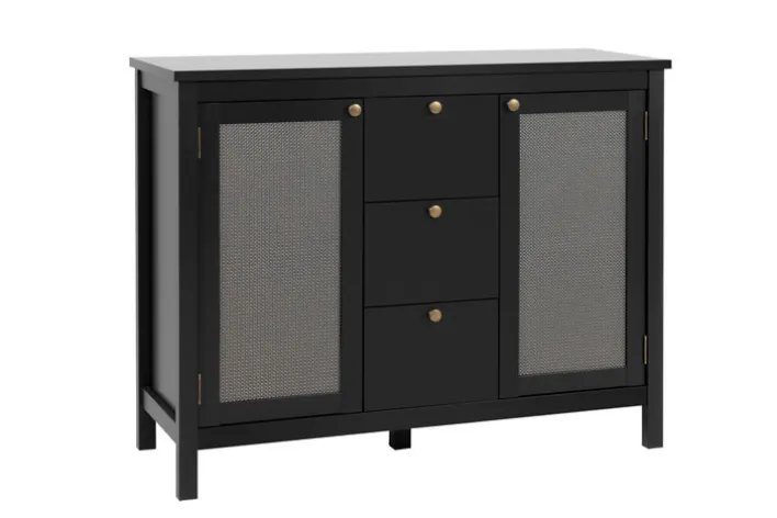 Sideboard CORDOBA 110 x 90 cm schwarz / Geflecht Nobel