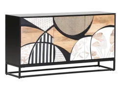 Sideboard DAKOTA Mango massiv Metall 75 x 140 x 40 cm pulverbeschichtet Frontabsetzung Mango natur/weiß/weiß-schwarz gestreift/Wiener Geflecht/Korpus Mango schwarz gebeizt/lackiert