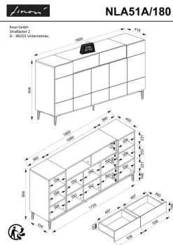 Sideboard NOLA 180 x 90 cm Artisan Oak-Dekor/schwarz