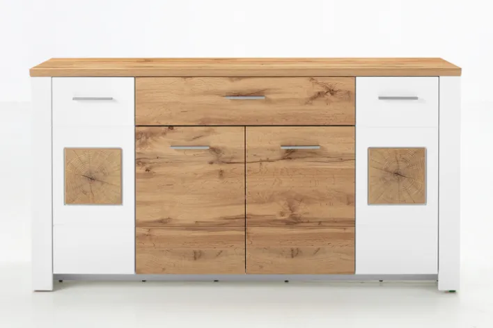 Sideboard RAMIRA 164x87 cm Weiß supermatt / Eiche Nachbildung