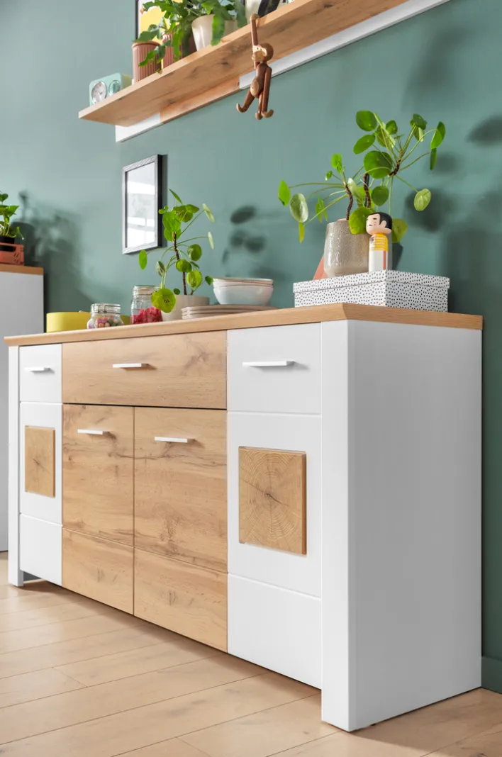 Sideboard RAMIRA 164x87 cm Weiß supermatt / Eiche Nachbildung