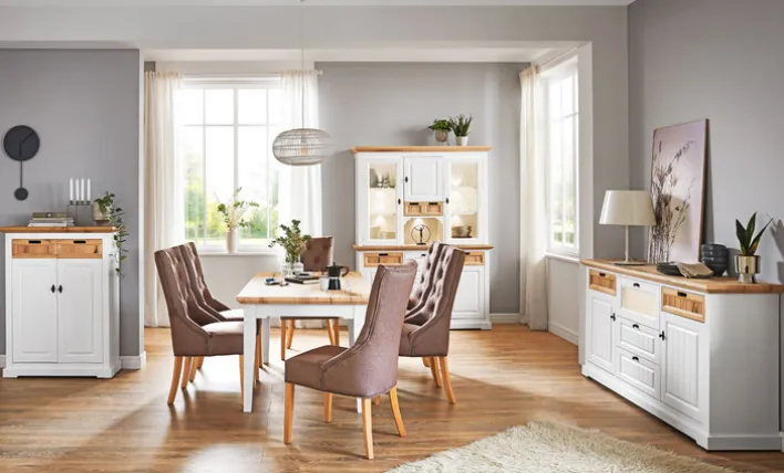 TRAUMWERKSTATT Esstisch TIVOLI 140-185 x 82 cm weiß / smoked oak